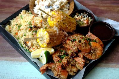 High angle view of seafood in plate on table