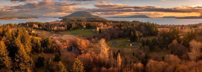 Aerial view of a lummi island sunset., washington.