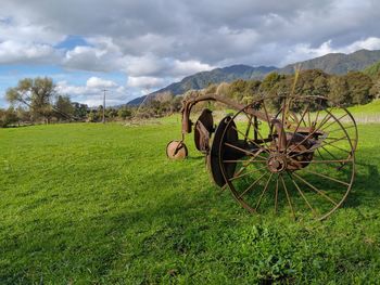 Horse cart on field against sky
