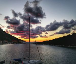 Scenic view of sea against cloudy sky at sunset