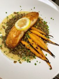 High angle view of fish served in plate