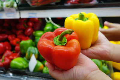 Close-up of hand holding bell peppers at market