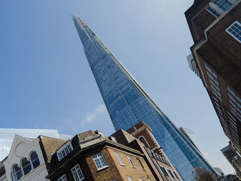 Low angle view of modern building against clear blue sky