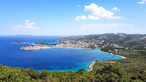 High angle view of bay against sky