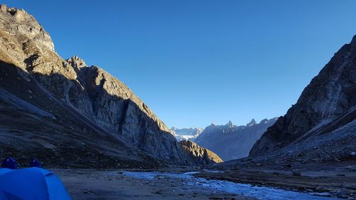 Scenic view of snowcapped mountains against clear blue sky