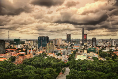 High angle view of buildings against sky in city