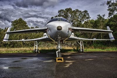 Airplane by tree against sky