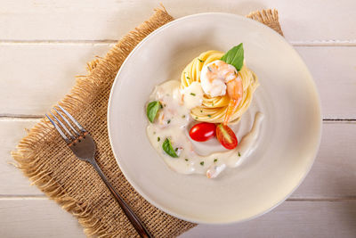 High angle view of food in plate on table