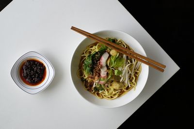 High angle view of food in plate on table