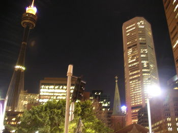 Low angle view of illuminated building at night