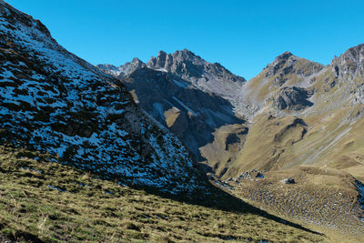 Scenic view of snowcapped mountains against clear blue sky