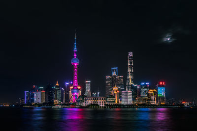 Reflection of illuminated buildings in river at night