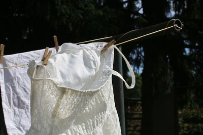 Close-up of clothes drying on clothesline