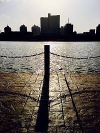 Reflection of buildings in river at sunset