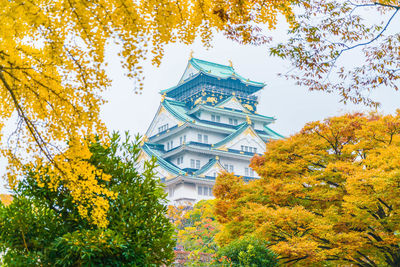 Low angle view of trees and building against sky