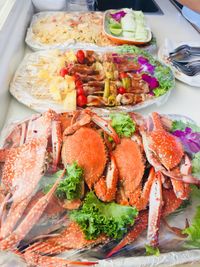Bbq and seafoods served in plate