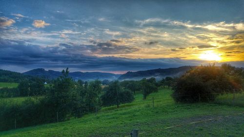Scenic view of field against sky during sunset