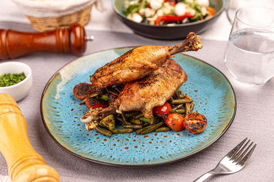 High angle view of food in plate on table