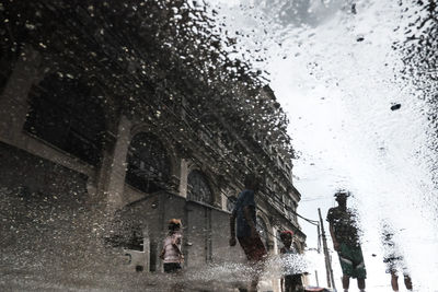 Reflection of trees on wet window in rainy season