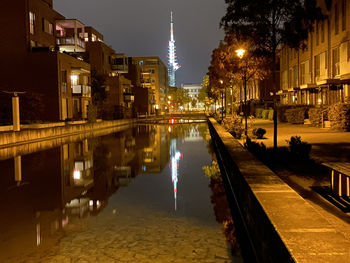 River passing through city at night