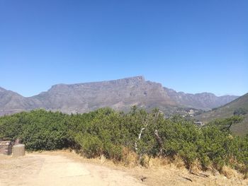 Scenic view of landscape against clear blue sky