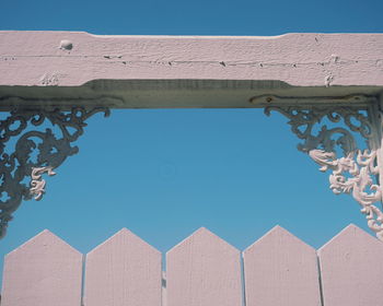 Low angle view of fence against clear blue sky