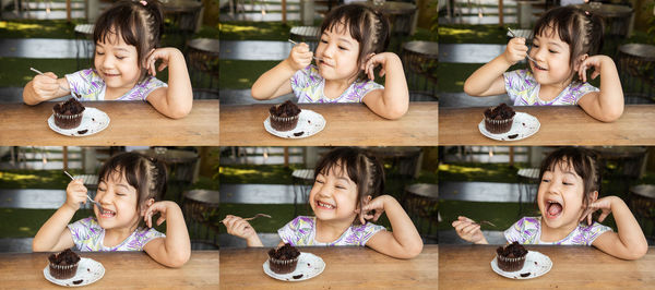 Portrait of happy girl sitting on table