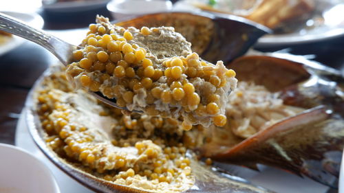 Close-up of breakfast on table