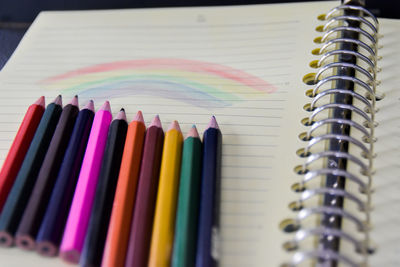 Close-up of multi colored pencils on table