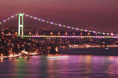 Illuminated bridge over river at night