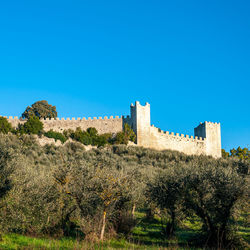 Low angle view of fort against clear blue sky