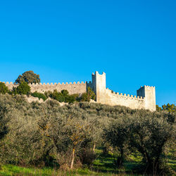 Low angle view of fort against clear blue sky