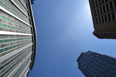 Low angle view of modern building against blue sky