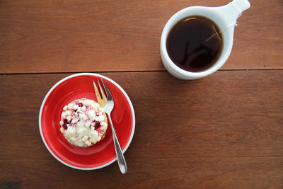 High angle view of breakfast served on table