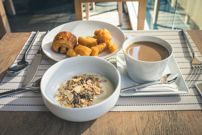 Close-up of breakfast on table