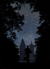 Rear view of silhouette man standing by tree against sky