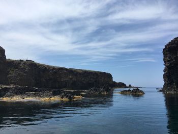 Scenic view of sea and cliff against sky
