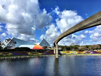 Bridge over river against cloudy sky