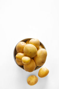 High angle view of oranges in bowl against white background