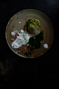 High angle view of ice cream served on table