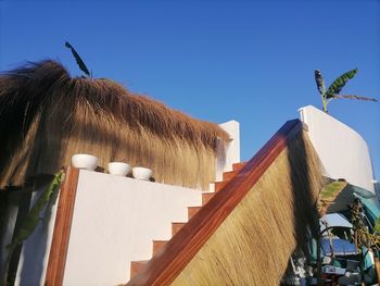 Low angle view of building against clear blue sky