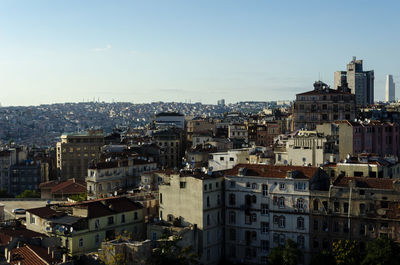 High angle view of townscape against clear sky