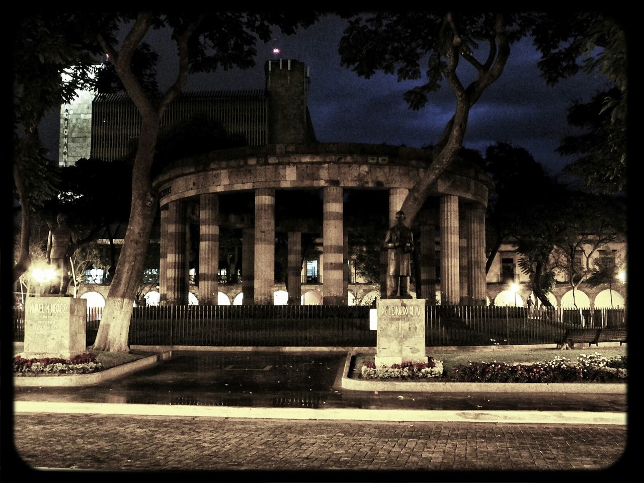 architecture, built structure, transfer print, building exterior, auto post production filter, sky, tree, night, history, architectural column, illuminated, travel destinations, incidental people, famous place, fountain, arch, outdoors, old, tourism, travel