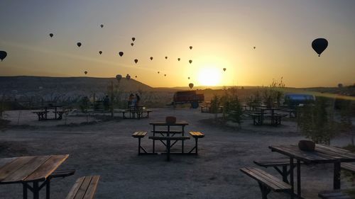 Chairs and tables at cappadocia turkey during sun rise