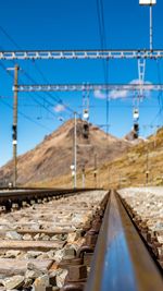 Railroad tracks against clear blue sky