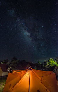 View of tent against star field at night