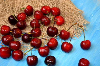 High angle view of cherry tomatoes on table