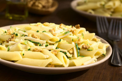 Close-up of noodles in bowl on table