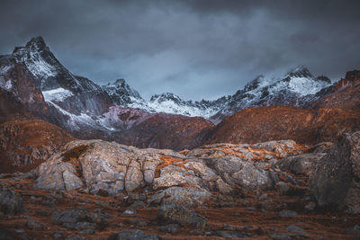 Scenic view of snowcapped mountains against sky