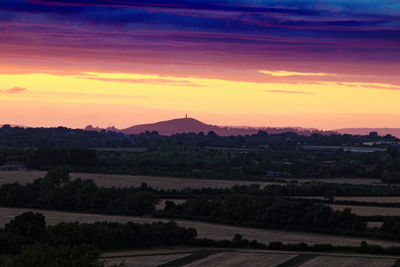 High angle view of landscape against sky during sunset